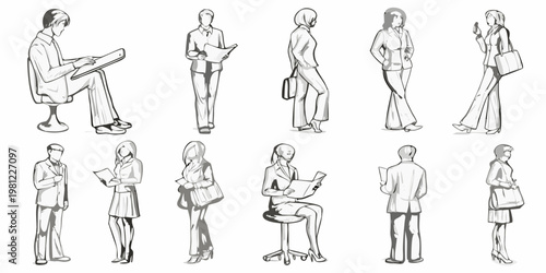 A collection of sketches depicting various business professionals in neutral poses