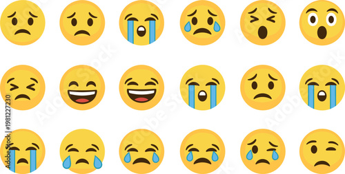 Sad and crying emoji vector set with emotional yellow faces tears expressions and cartoon icons collection