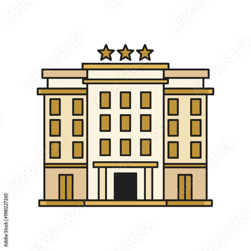A charming illustration of a three-star hotel building with multiple floors and entrance.