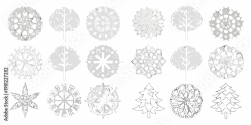 Collection of detailed grayscale tree canopy and snowflake like illustrations