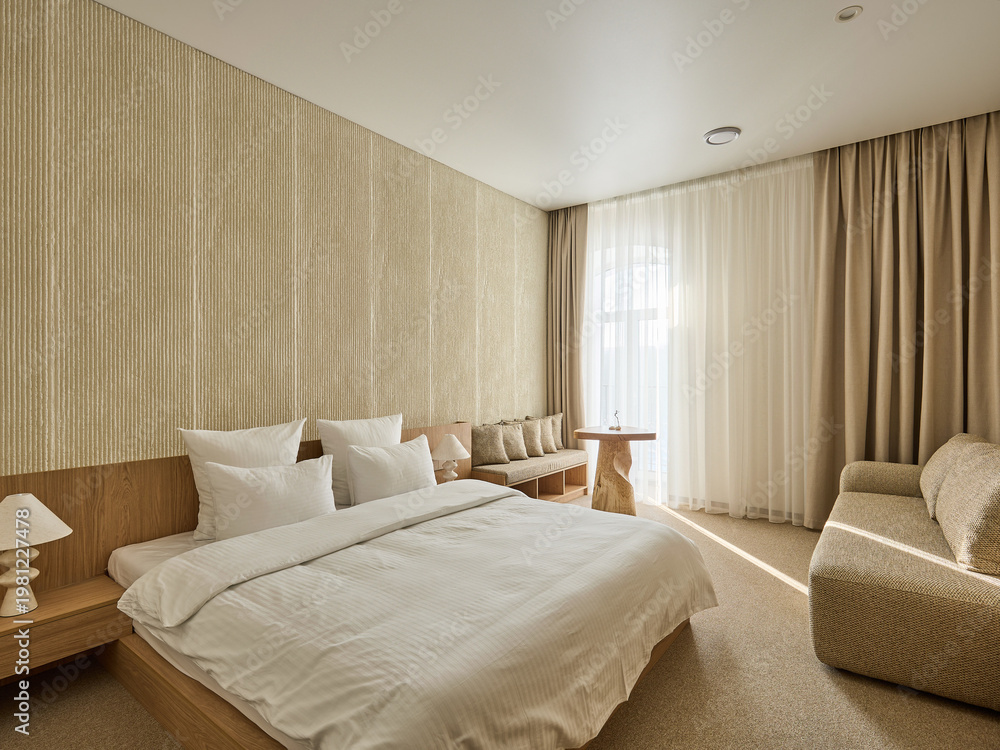 Fototapeta premium Modern and Cozy Hotel Bedroom Interior with Warm Lighting 