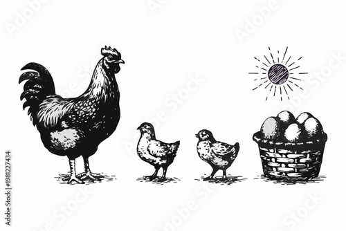 A black and white illustration of a hen with chicks and eggs