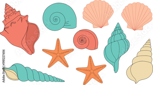 Seashell and starfish vector set with pastel ocean elements coastal marine collection for summer design