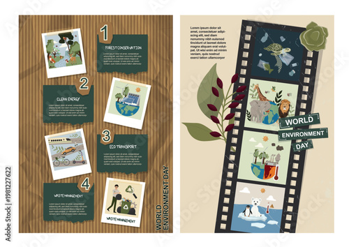 World Environment Day poster featuring four sustainability pillars: forest conservation, clean energy, eco transport, waste management with icons and film strip. Vector illustration