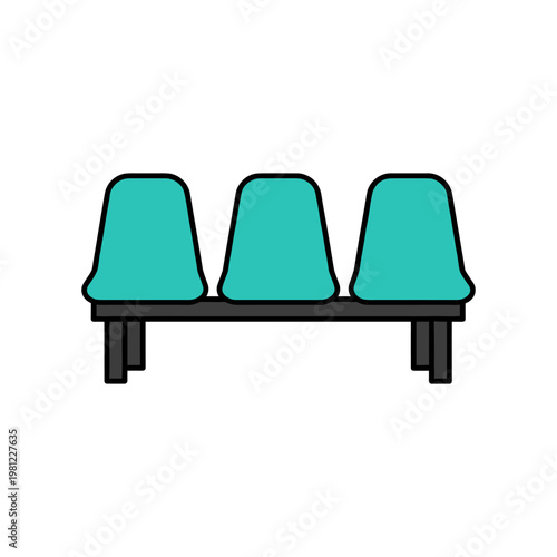 A simple line art illustration depicting three empty teal chairs commonly found in a waiting room or public area.