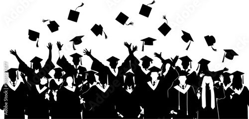 Graduation celebration with people throwing caps in the air on white background