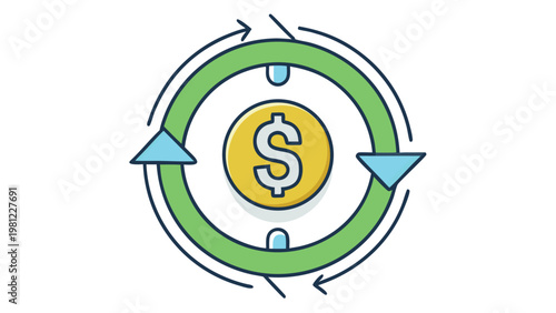 Circular green arrow surrounding a golden dollar sign, symbolizing financial transaction, money exchange, or investment return