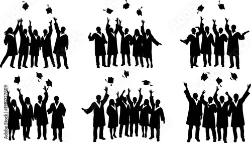 Graduation celebration silhouettes of people throwing caps in the air on white background