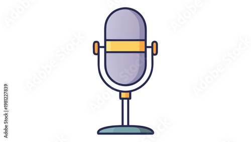 Minimalist purple and yellow studio microphone icon on a white background, representing podcasting and audio recording