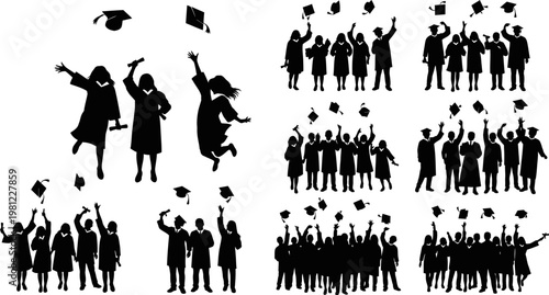 Quadro su tela Graduation celebration silhouettes of people throwing hats in the air  various g