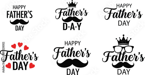 Collection of six fathers day typography designs with mustaches and crowns