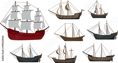 Set of vintage sailing boats vector illustrations with different ship styles, classic wooden vessels and traditional maritime transport collection