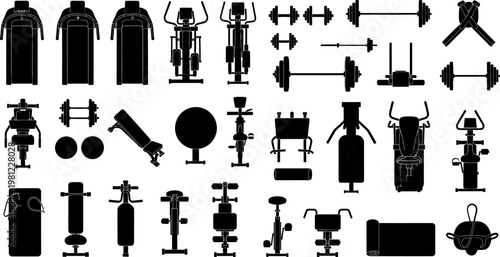 various gym equipment icons silhouettes on white background for fitness and workout concepts