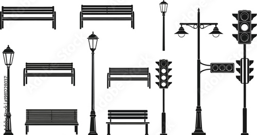 black and white illustration of various street furniture and traffic lights on white background