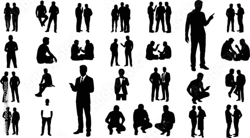 Collection of various black silhouettes of people in different poses and activities on white background