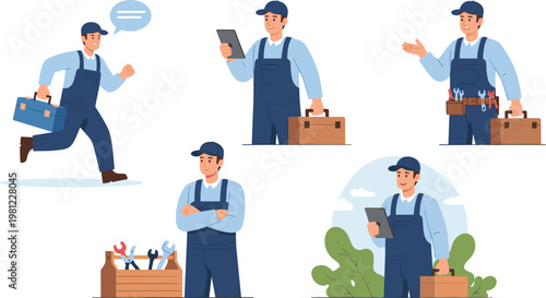 Friendly and Professional Male Worker Character Set with Different Poses and Tools for Construction, Job, and Work Related Designs, Vector Illustration