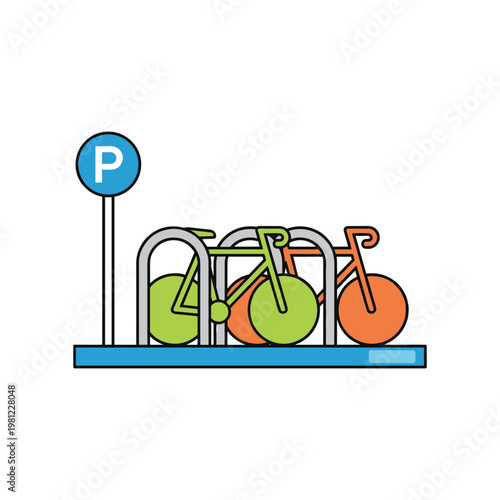 A colorful cartoon illustration of multiple bicycles parked securely in a bike rack with a blue parking sign.