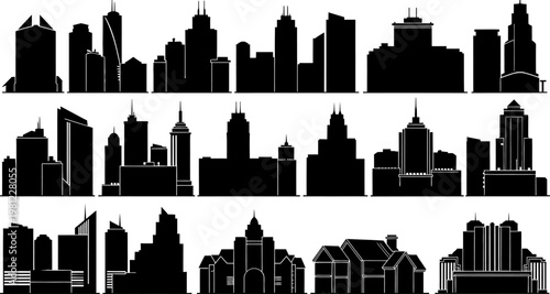 City skylines with various buildings and skyscrapers in black silhouette on white background
