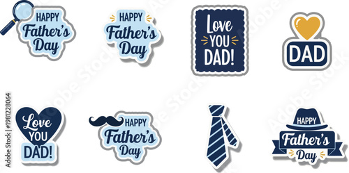 Collection of happy fathers day stickers with heart and tie designs