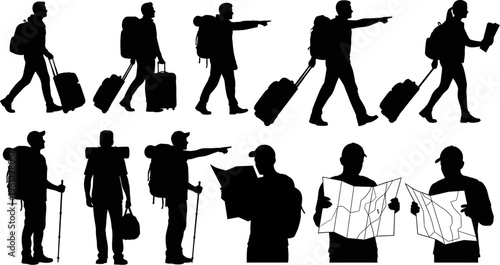 set of black silhouettes of travelers and tourists with luggage walking and looking around with maps