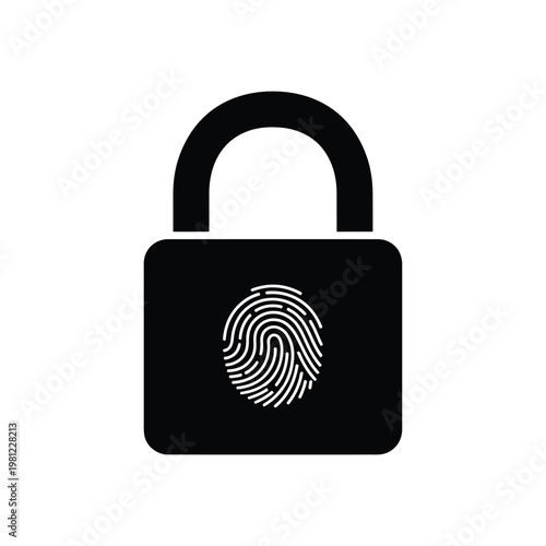 A black padlock icon features a white fingerprint graphic centered on its body symbolizing secure biometric access high quality