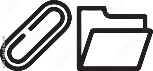 Minimalist Paperclip and File Folder Icon Set: Black Stroke Office Stationery Silhouette for Document Organization, Administrative Tasks, and Clerical Workflow Design