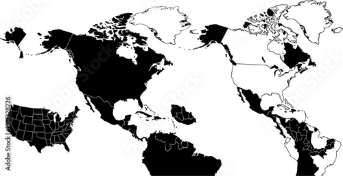 World map with countries and state borders marked on transparent background