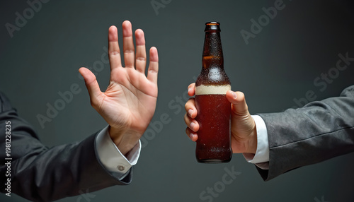 Man in suit raises hand in stop gesture refusing beer offer. Colleague offers alcohol bottle, blurred corporate background. Responsible choice.