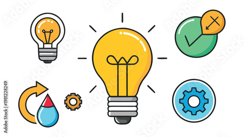 Bright yellow light bulb illuminating next to various business and process icons on a white background, representing innovation and solutions