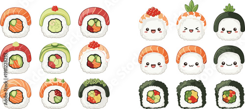 Adorable and Colorful Cartoon Sushi Rolls Set with Different Toppings and Expressions for Food, Cooking, and Cute Japanese Themed Designs, Vector Illustration