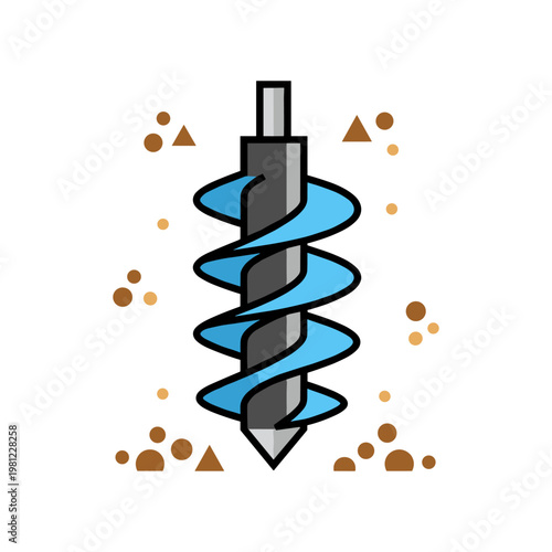 A detailed illustration of a blue-swirled auger drill bit surrounded by brown soil particles, ready for digging.