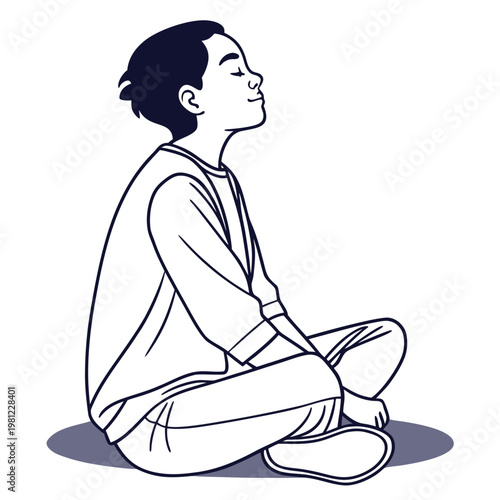 A serene illustration depicts a young man with his eyes closed seated in a meditative lotus position with peaceful expression high quality