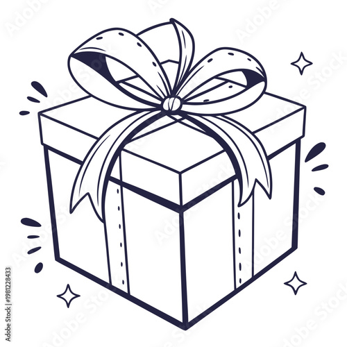 A detailed black and white illustration depicts a neatly wrapped gift box adorned with a large flowing ribbon and decorative sparkles