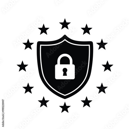 A black shield with a padlock is encircled by twelve black stars representing european union security high quality professional