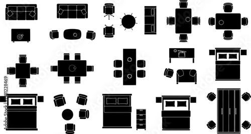 overhead views of various furniture sets and household rooms with tables and chairs and couches  living room and bedroom furniture