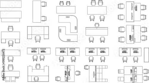 Various office furniture layouts and workspaces in top view  many different desk and chair configurations