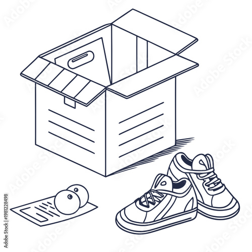 An open cardboard box sits beside a pair of sneakers two citrus fruits and a folded document all in a minimalist line