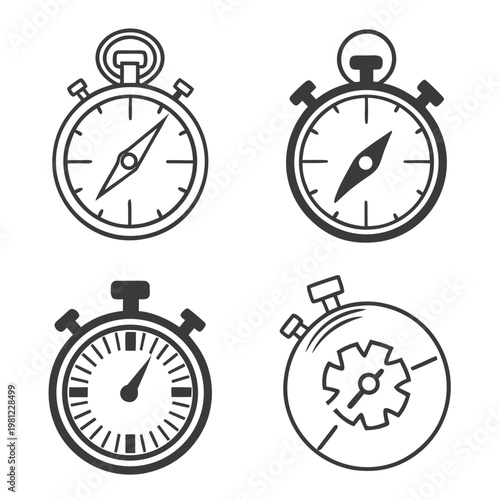 A collection of four black and white stopwatch and compass icons are displayed against a plain white background showing timekeeping devices