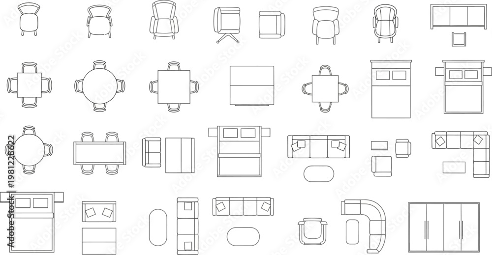 Obraz premium line drawings of various furniture pieces in different views and arrangements for interior design planning and decoration