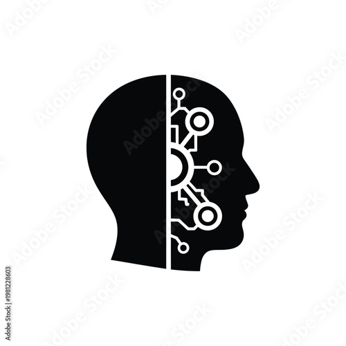 A stark silhouette of a human head is divided revealing intricate mechanical gears and circuitry within high quality professional