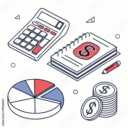A colorful illustration depicts financial tools like a calculator notebook with a dollar sign pie chart and stacks of coins high quality