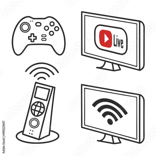 A black and white illustration depicts gaming and streaming technology including a controller television and mobile device high quality professional detailed modern