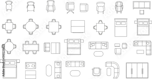 line drawings of various furniture pieces in different views and arrangements for interior design planning and decoration