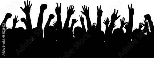 Silhouette of a crowd of people with hands raised in the air showing peace signs  protest or celebration