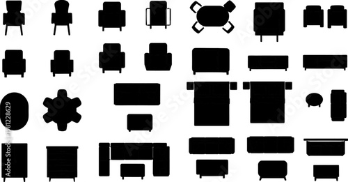 collection of black silhouettes of various furniture on white background