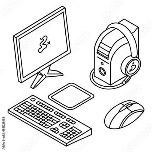 A linear illustration depicts essential computer accessories a monitor headphones keyboard mouse and tablet arranged neatly high quality professional detailed modern elegant