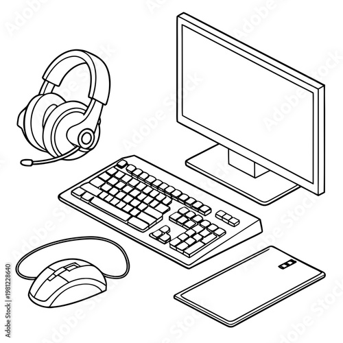 An isometric illustration depicts a computer setup including a monitor keyboard headset mouse and tablet high quality professional detailed modern elegant stylish