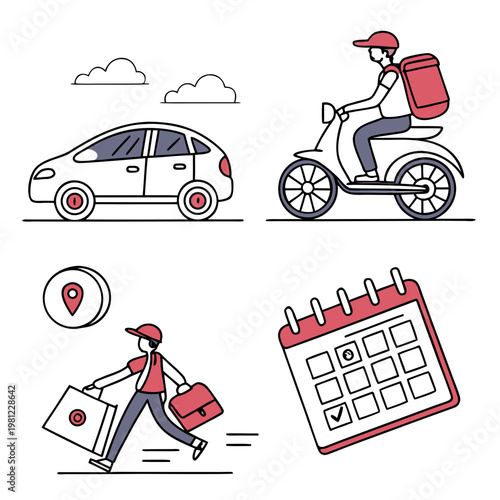 A colorful illustration depicts delivery services showcasing a scooter car walking courier calendar and location pin icons high quality professional detailed modern