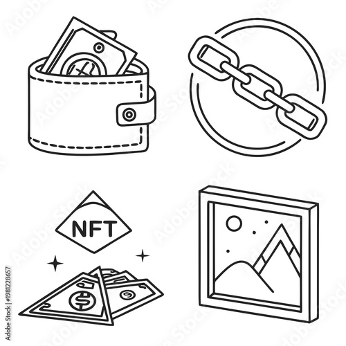 A minimalist line art depiction showcases money chains an nft symbol a picture frame and stacks of cash high quality professional detailed