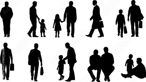 silhouette of people in various poses and activities on white background